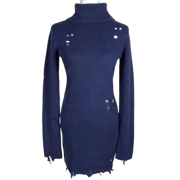 NWT LOVERS & FRIENDS Keeney Distressed Sweater Mini Dress Size M Navy Wool Blend - Picture 2 of 16